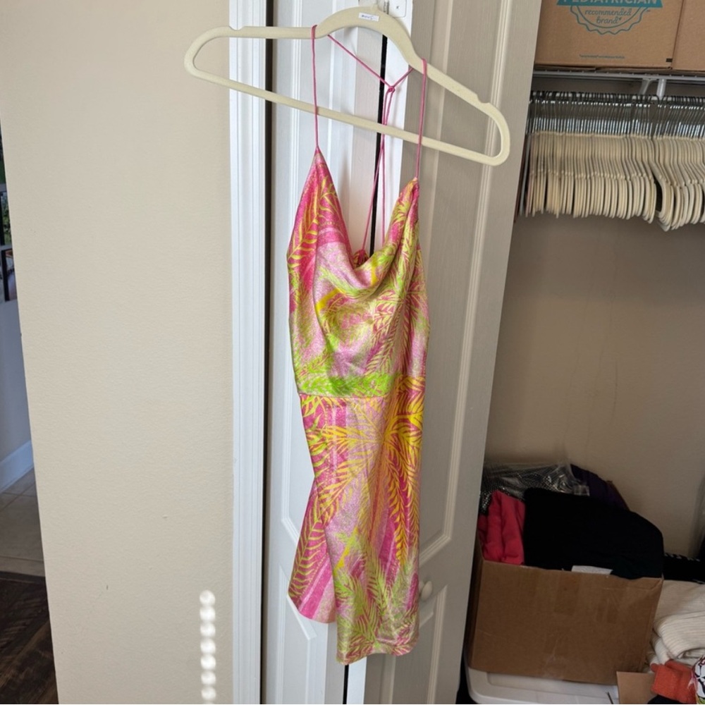 Retrofete Ariella Pink and Green Tropical Silk Mini Dress - Picture 4 of 13